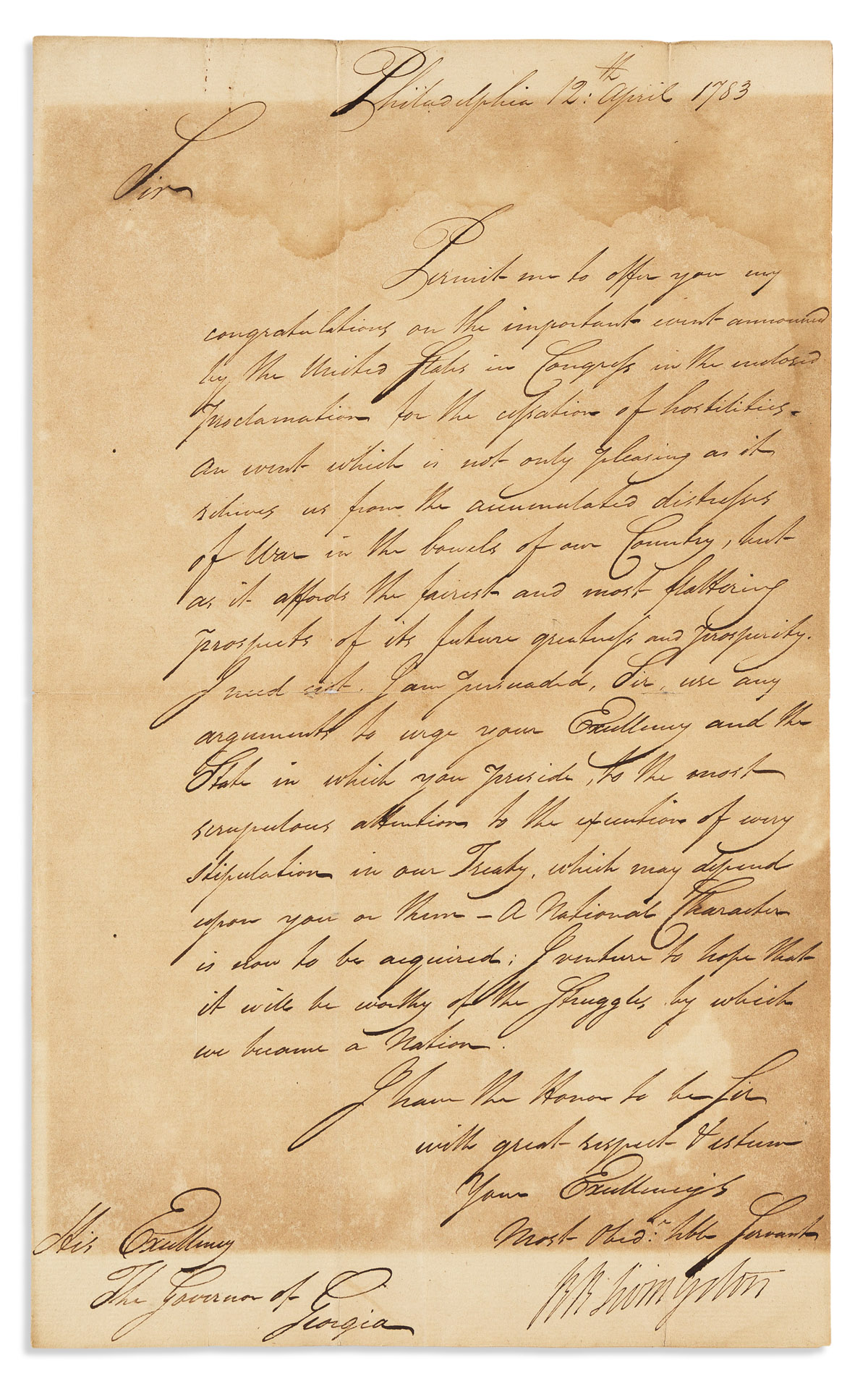 (AMERICAN REVOLUTION--1783.) Robert R. Livingston. Letter announcing the cessation of hostilities with Great Britain.